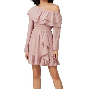 Wish Pink Senna Dress One Shoulder Ruffle Mini Womens Sz M Fit Flare Long Sleeve